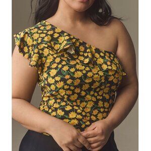 Maeve Anthropologie One-Shoulder Ruffled Floral Top Size XL Yellow